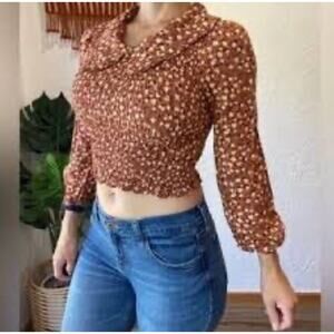 Rabbit Rose Shirt Peter Pan Colar Sz Medium Orange Floral Flare Sleeves Stretch